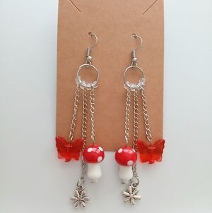Fashion Jewelry Red Butterfly & Mushroom Drop Earrings